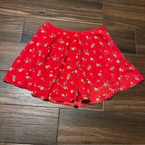 Forever 21 Mini Skirt Flowy Size Medium Orange Red with Yellow Roses Side Zipper